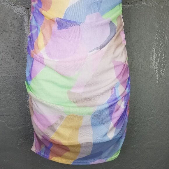 Nasty Gal Bodycon Dress 2 XS Mini Mesh Abstract Pastel Print Strappy Stretch NEW - Picture 4 of 16